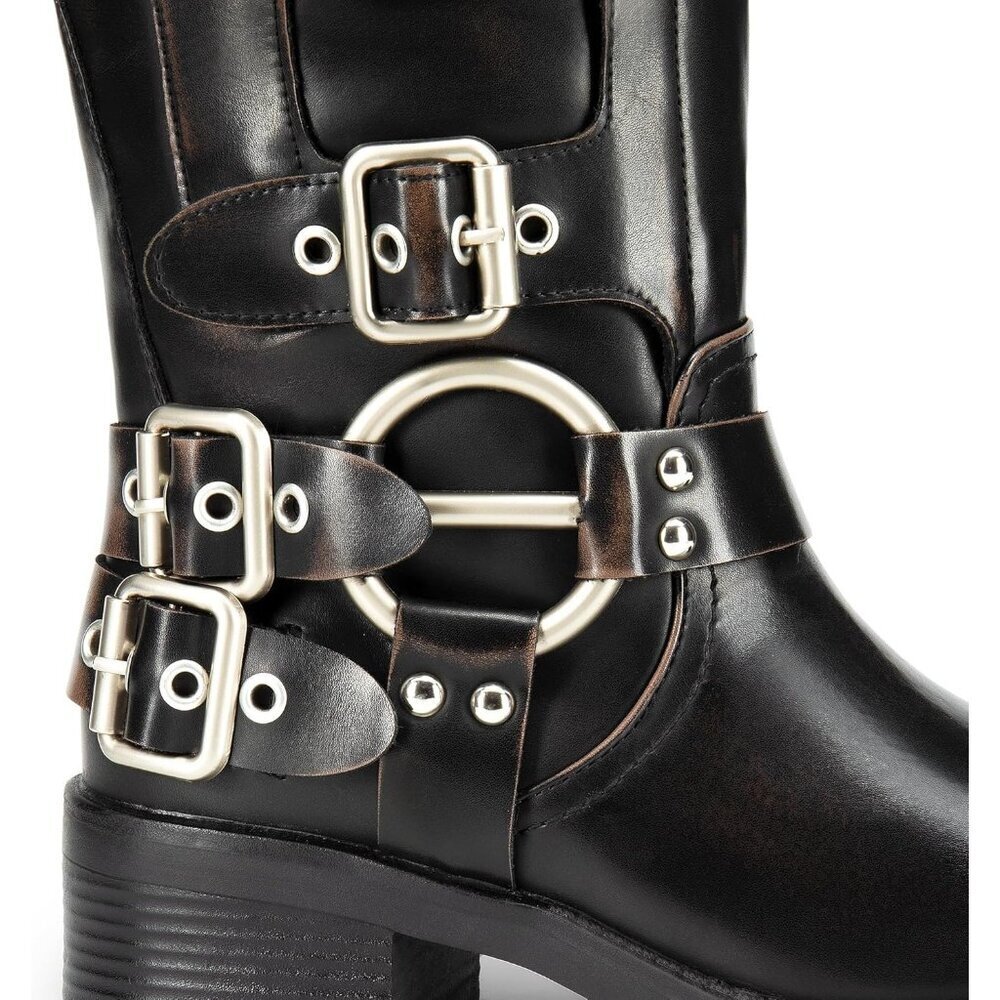 Women's Knee High Riding Boots Slip On Motorcycle Boot Fashion Buckle Biker Boot - Picture 7 of 7
